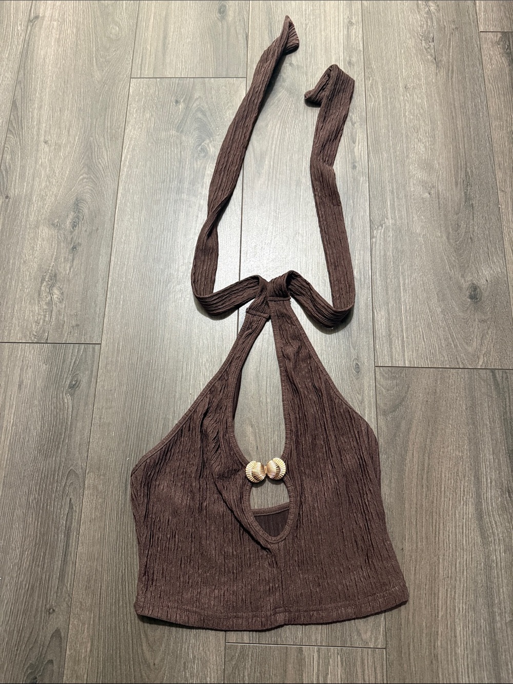 SHEIN Brown Ribbed Halter Crop Top with Shell Details
